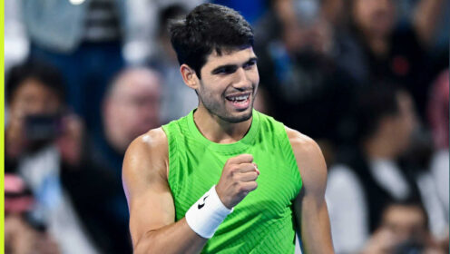 Pictured: A happy Carlos Alcaraz during his match