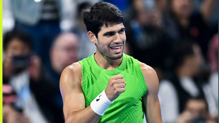 Pictured: A happy Carlos Alcaraz during his match