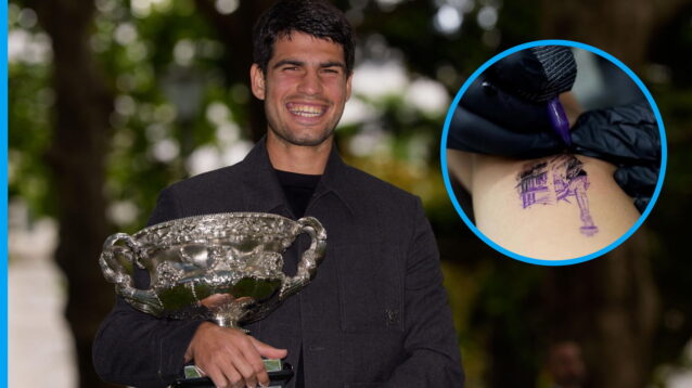 Pictured: Carlos Alcaraz with the Australian Open title, and a tattoo he received in 2025.