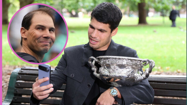 Pictured: Carlos Alcaraz with inset of Rafael Nadal