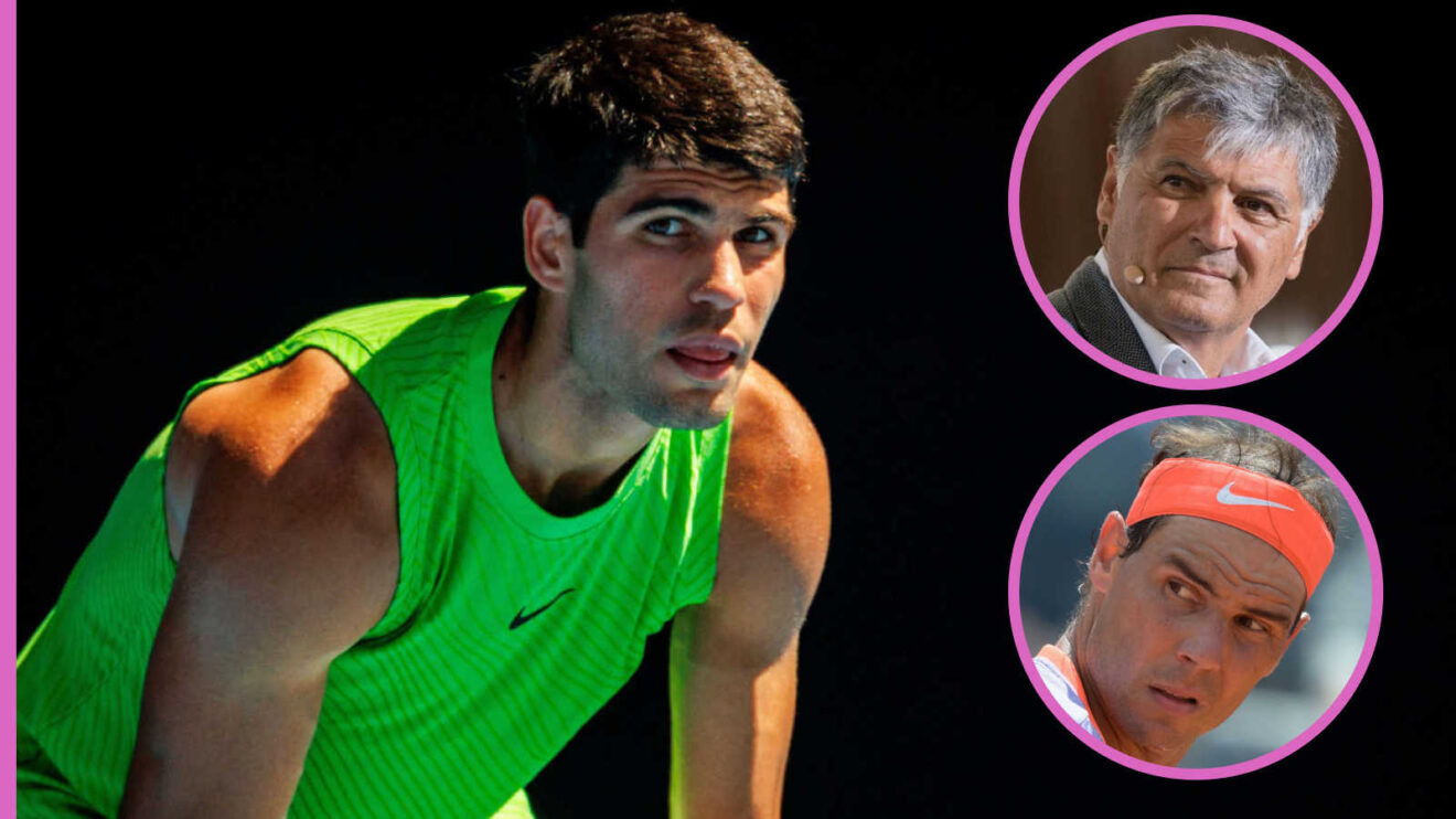 Pictured: Carlos Alcaraz with insets of Toni Nadal and Rafael Nadal