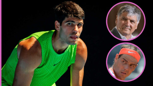 Pictured: Carlos Alcaraz with insets of Toni Nadal and Rafael Nadal
