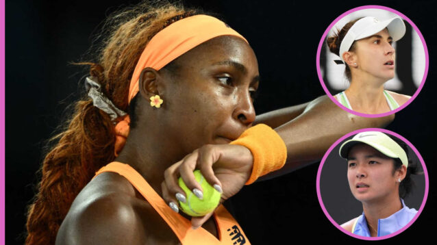 Pictured: Coco Gauff with insets of Belinda Bencic and Alex Eala