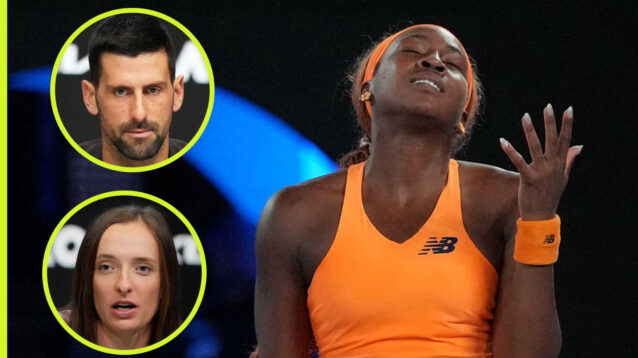 Pictured: Coco Gauff with insets of Novak Djokovic and Iga Swiatek