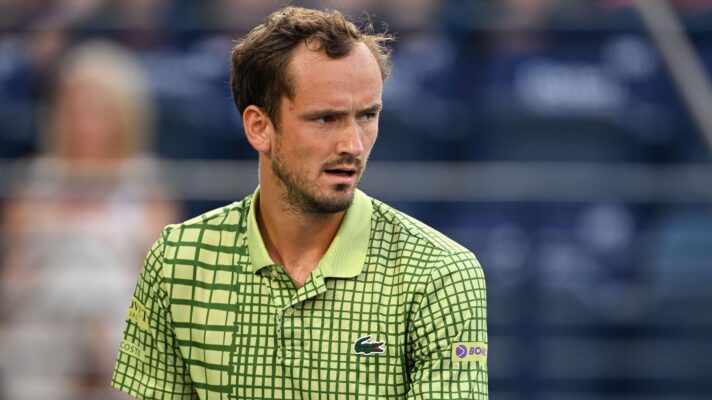 Pictured: Daniil Medvedev looks on during a match.
