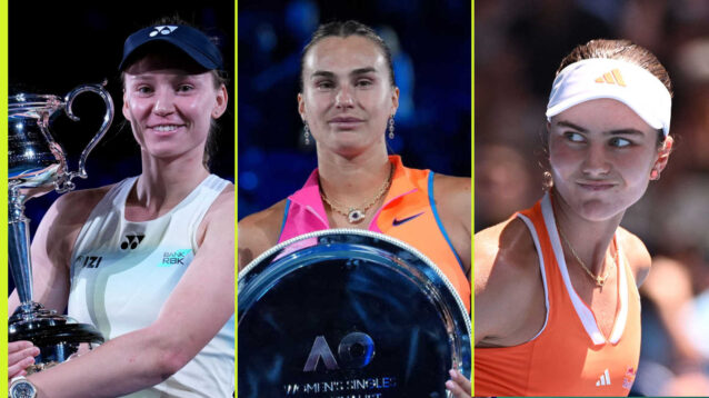 Pictured: Elena Rybakina, Aryna Sabalenka and Iva Jovic