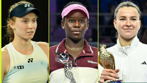 Pictured: Elena Rybakina, Victoria Mboko and Karolina Muchova