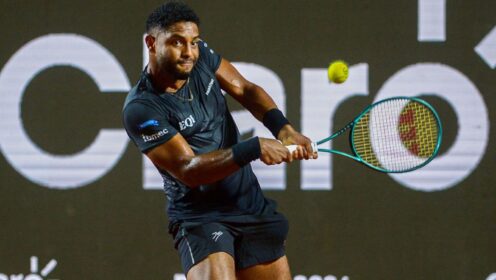 Pictured: Joao Lucas Reis da Silva hits a backhand.