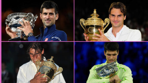 Pictured: Novak Djokovic, Roger Federer, Rafael Nadal and Carlos Alcaraz