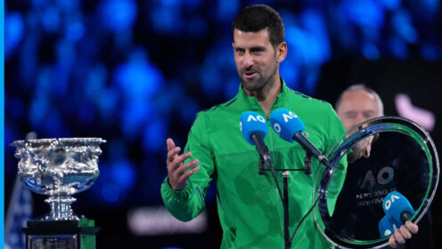Pictured: Novak Djokovic delivers his speech at the Australian Open