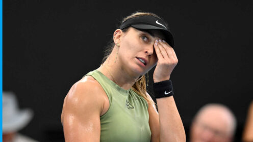 Pictured: Paula Badosa reacts during a match