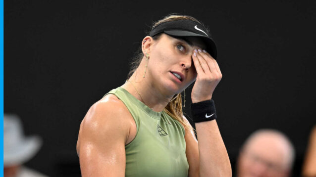 Pictured: Paula Badosa reacts during a match