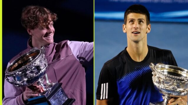 Jannik Sinner and Novak Djokovic with the Australian Open trophy