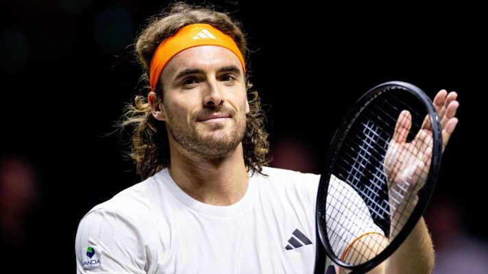 Pictured: Stefanos Tsitsipas applauds after a win.