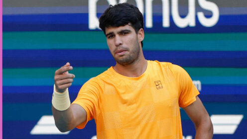 Pictured: A frustrated Carlos Alcaraz