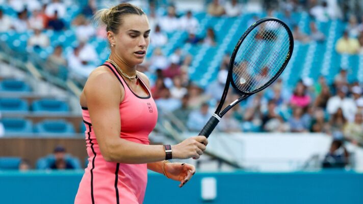 Pictured: Aryna Sabalenka with her tennis racket.