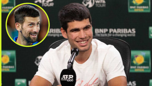 Pictured: Carlos Alcaraz with inset of Novak Djokovic