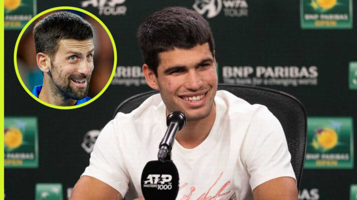 Pictured: Carlos Alcaraz with inset of Novak Djokovic