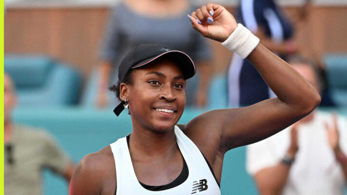 Pictured: Coco Gauff celebrates after her match