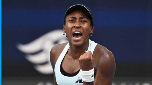 Pictured: Coco Gauff celebrates during her match