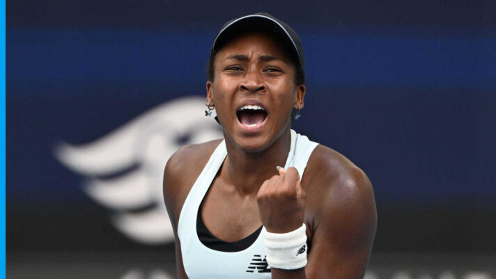 Pictured: Coco Gauff celebrates during her match