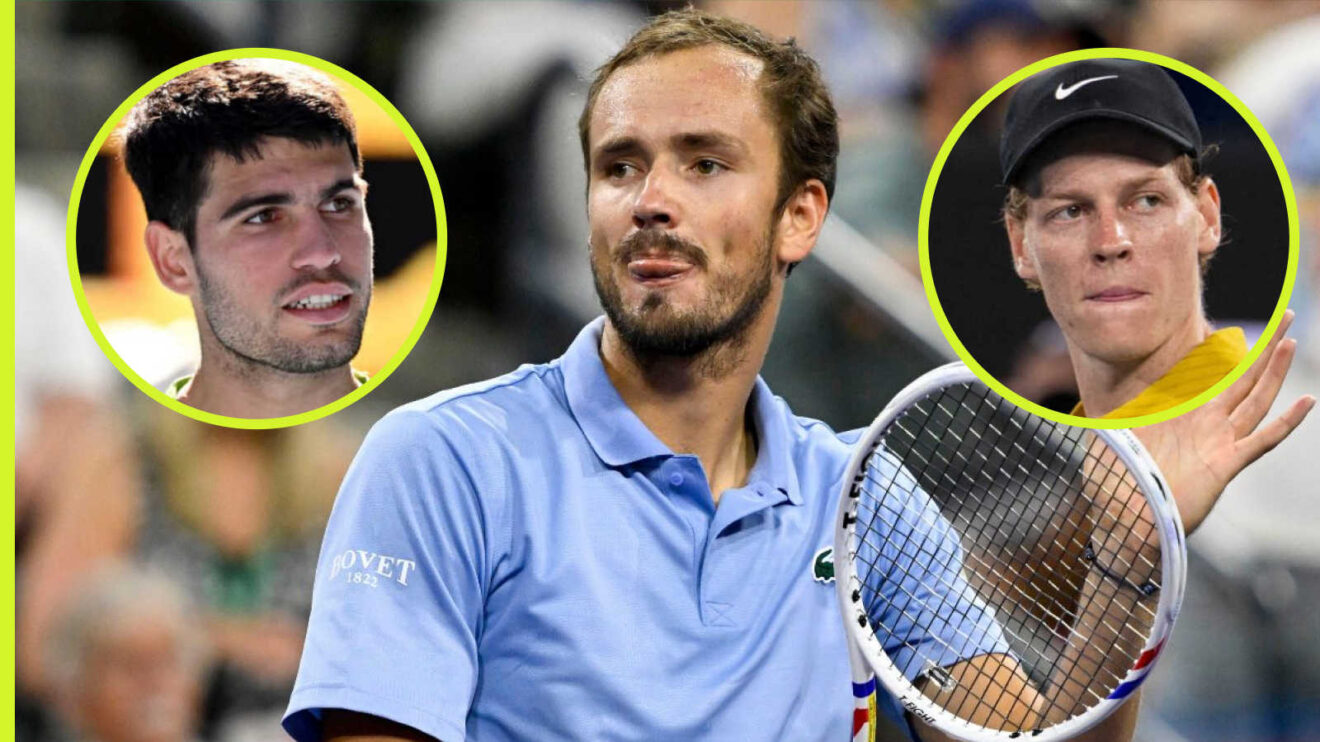 Pictured: Daniil Medvedev with insets of Carlos Alcaraz and Jannik Sinner