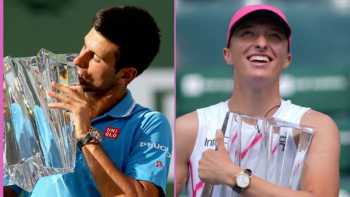 Pictured L-R: Novak Djokovic and Iga Swiatek with the Indian Wells trophy.