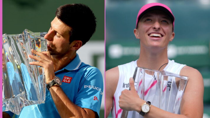 Pictured L-R: Novak Djokovic and Iga Swiatek with the Indian Wells trophy.