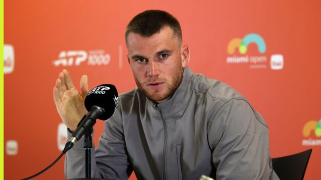 Jack Draper at a press conference in Miami