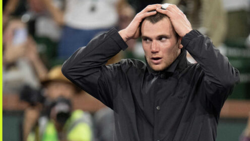 Pictured: Jack Draper reacts after his match