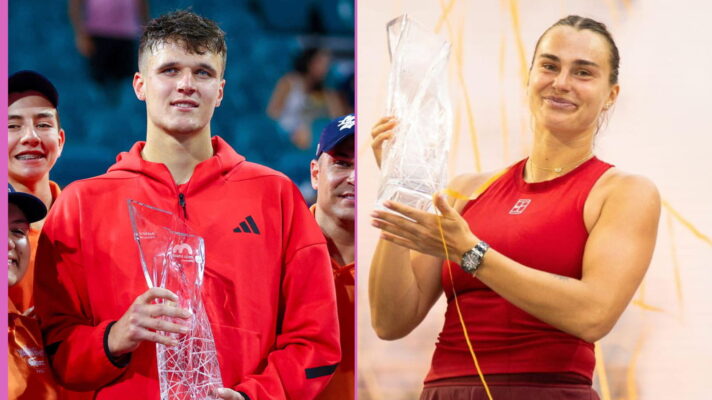 Pictured L-R: Jakub Mensik and Aryna Sabalenka lift the Miami Open titles.