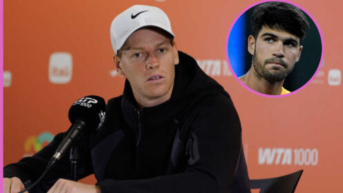 Pictured: Jannik Sinner with inset of Carlos Alcaraz