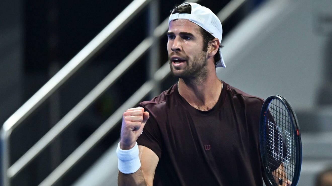 Pictured: Karen Khachanov fistpumps during a match.