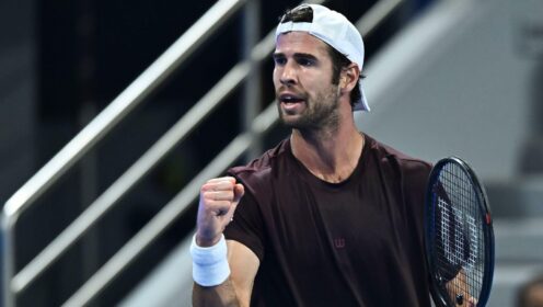 Pictured: Karen Khachanov fistpumps during a match.
