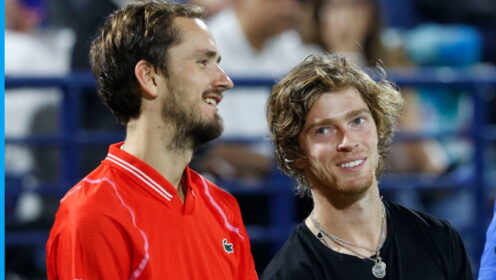 Pictured L-R: Daniil Medvedev and Andrey Rublev.