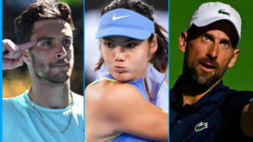 Pictured L-R: Lorenzo Musetti, Emma Raducanu, Novak Djokovic.