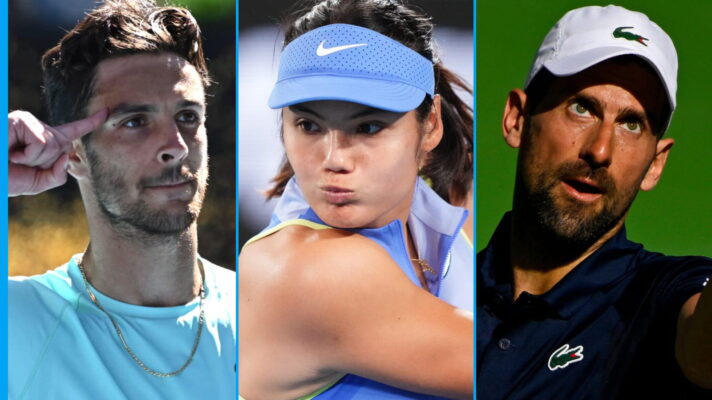 Pictured L-R: Lorenzo Musetti, Emma Raducanu, Novak Djokovic.