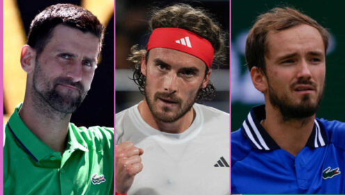 Pictured: Novak Djokovic, Stefanos Tsitsipas and Daniil Medvedev
