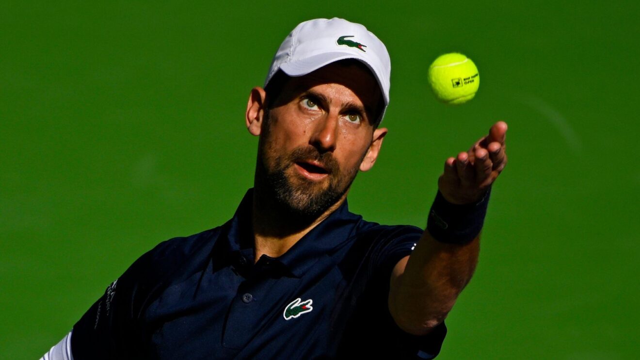 Pictured: Novak Djokovic during his service motion.