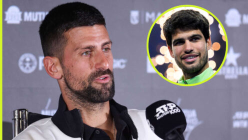 Pictured: Novak Djokovic with inset of Carlos Alcaraz