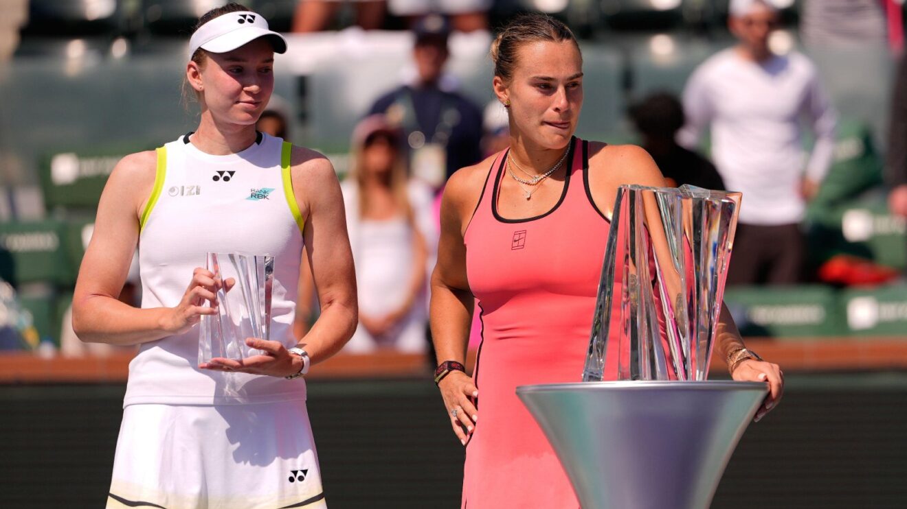 Pictured: Elena Rybakina and Aryna Sabalenka after the 2026 Indian Wells final.
