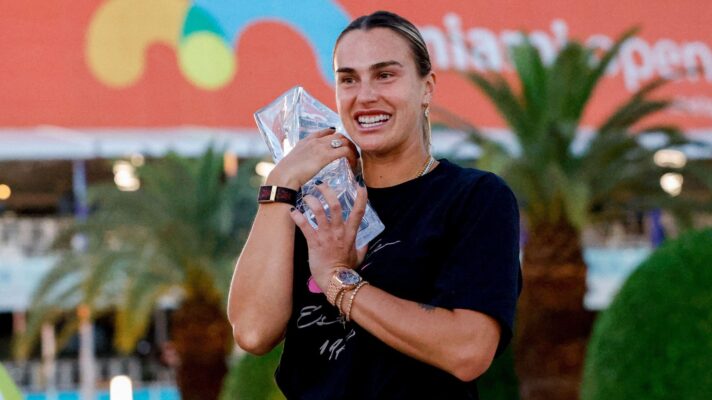 Pictured: Aryna Sabalenka with the Miami Open title.