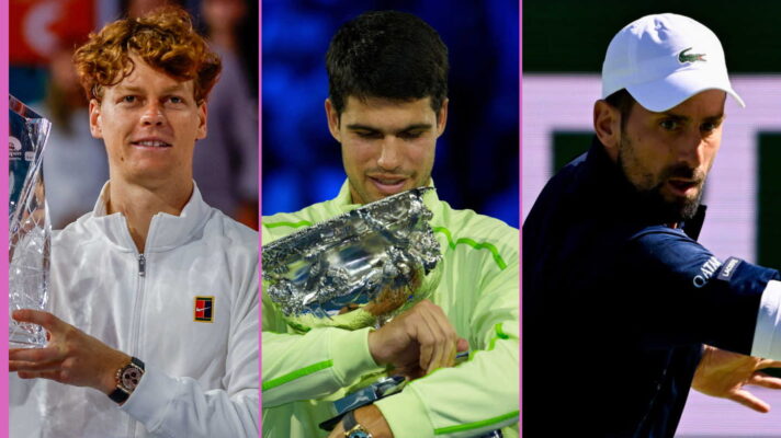 Pictured L-R: Jannik Sinner, Carlos Alcaraz, and Novak Djokovic.