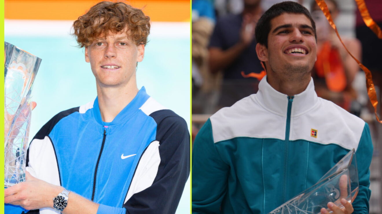 Pictured L-R: Jannik Sinner and Carlos Alcaraz with the Miami Open title.