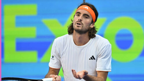 Pictured: Stefanos Tsitsipas disappointed