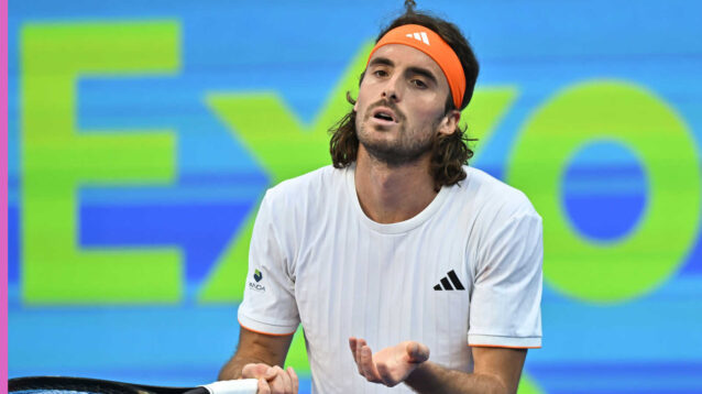 Pictured: Stefanos Tsitsipas disappointed