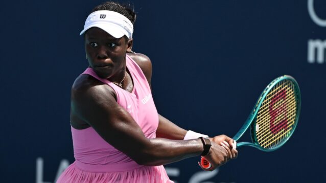 Pictured: Victoria Mboko hits a backhand.