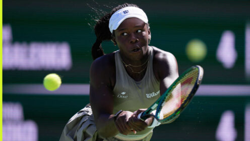 Pictured: Victoria Mboko plays a shot