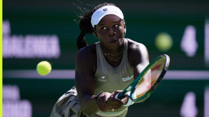 Pictured: Victoria Mboko plays a shot