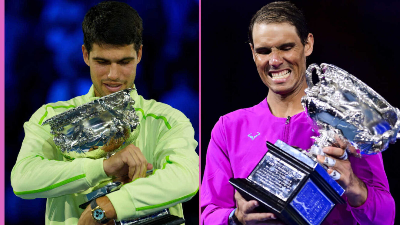 Pictured: Carlos Alcaraz and Rafael Nadal celebrate Australian Open titles
